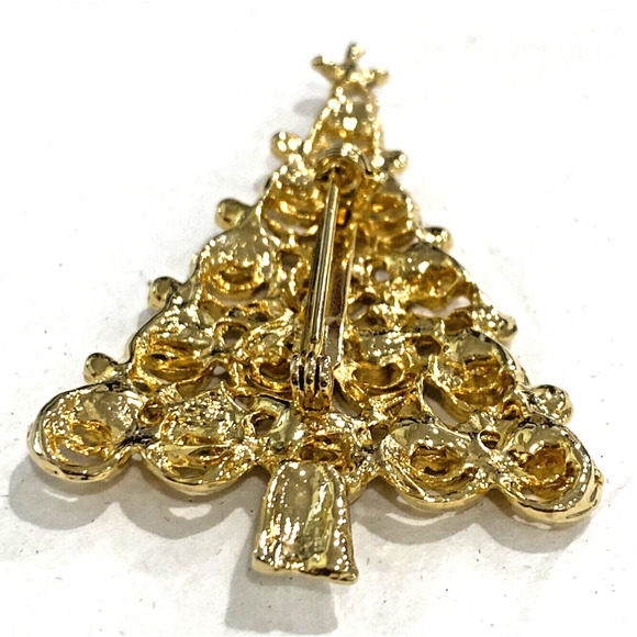 Vintage Christmas Tree brooch goldtone metal pin red green gold enamel festive - Picture 4 of 8